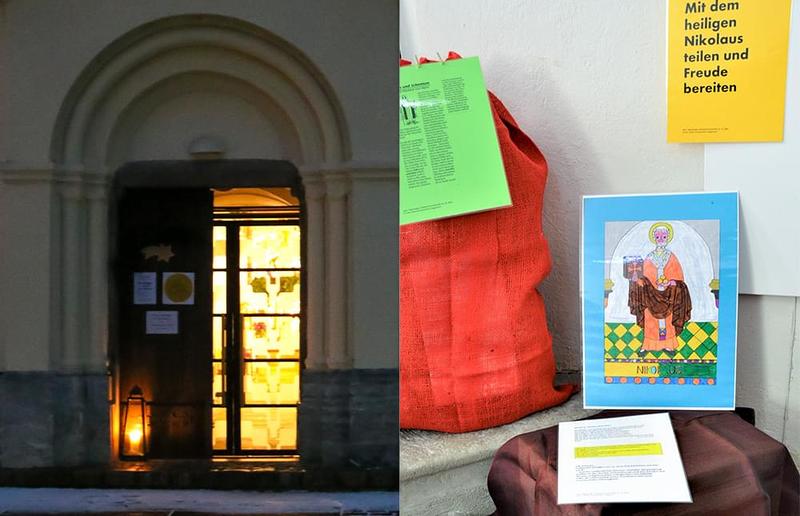 Michael Fürnschuß, Berta Regier Beleuchteter Eingang der Pfarrkirche Dobl, Station zum Heiligen Nikolaus in der Pfarrkirche Tobelbad