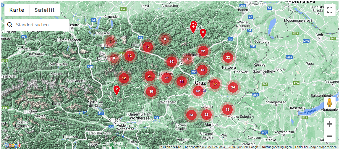 GoogleMaps-Ausschnitt mit Markierungen der einzelnen Pfarren in der Steiermark